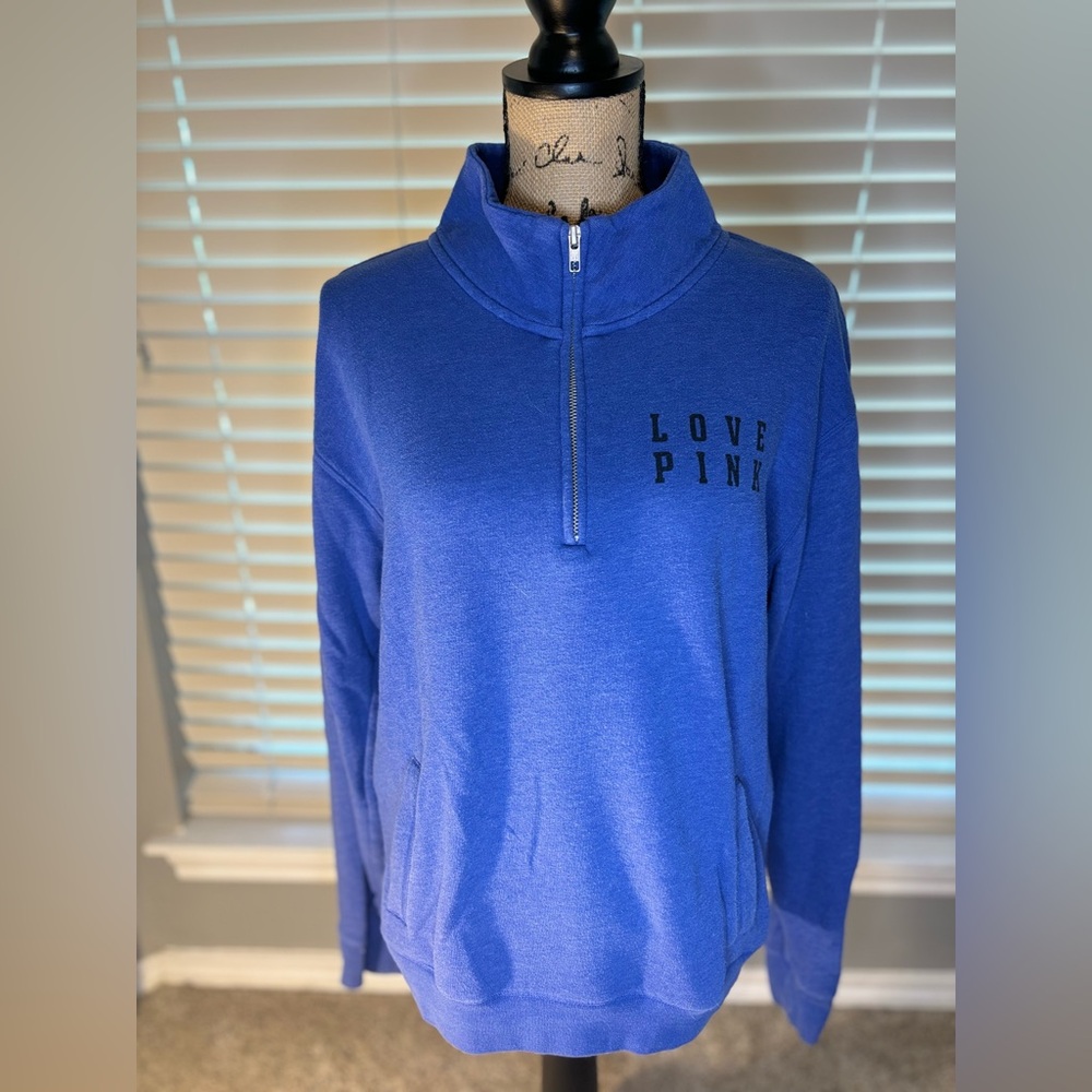 Pink Victoria’s Secret ~ Blue Love Pink 3/4 Zip Sweatshirt w/Side Pockets.